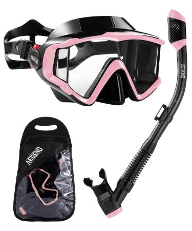 Aegend Snorkeling Gear for Adults, Dry Snorkel Set Panoramic View Enhanced Anti-Leak and Anti-Fog Technology, Adjustable Strap for Snorkeling Scuba Diving Swimming with Mesh Bag Pink