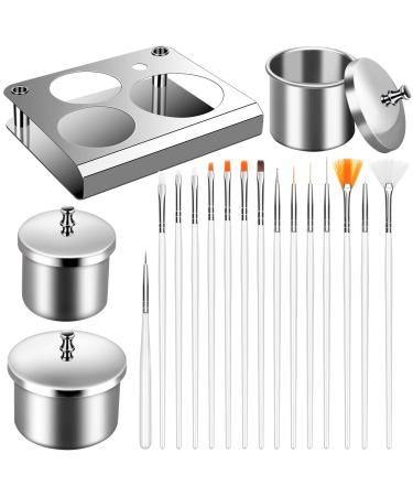 PIAOPIAONIU 18 Pieces Nail Art Equipment Set,3 Pcs Nail Art Equipment Cup Bowls Stainless Steel Acrylic Liquid Powder Cup Nail Powder Holder with Lids and 15 Pcs Nail Art Brushes for Nail Art Tools type1