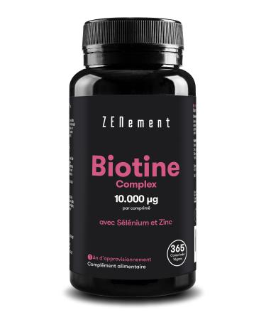 Biotin 10000mcg with Selenium and Zinc 365 Tablets | Stimulates Skin Hair & Nail Growth | Vegan Preservative Free Allergen-Free Non-GMO | Zenement