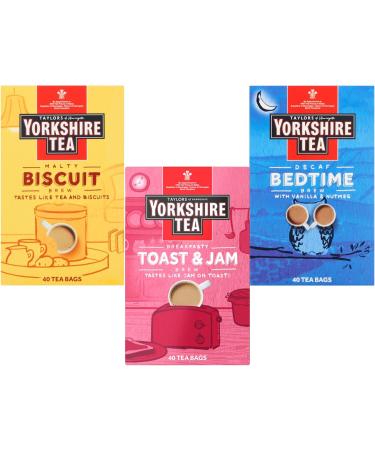 Taylors Tea Brew Selection | Breakfasty Toast & Jam Malty Biscuit Decaf Bedtime | Set of 3 | 40 Tea bags Each | Total 120 Tea bags - Buy Online on GoSupps.com