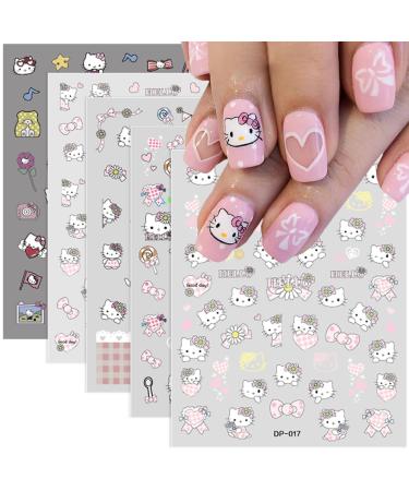 Cute Cartoon Nail Art Stickers Decor 3D Self Adhesive Cute Nail Decals Pink Heart Nail Art Design Stickers Kawaii Stickers Cartoon Nail Decals for Women Girls Acrylic DIY Manicure Decoration 5 Sheets