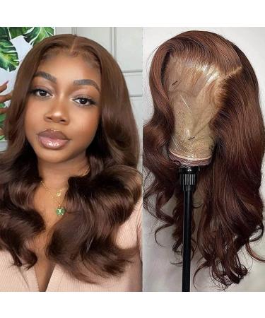TAYESHA 14 Inch Chocolate Brown Lace Front Wig Human Hair 150% Density Auburn Short 13X4 Body Wave Lace Front Wig Human Hair Colored HD Transparent Glueless Wigs Pre Plucked Brown 13x4 body wave wig 14 Inch