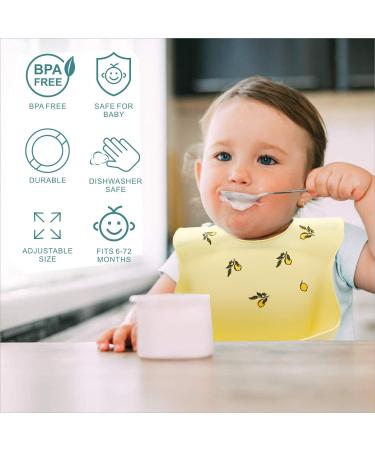 Baogaier Silicone Baby Bibs 2 PCS | Waterproof Weaning Bib for Babies and Toddlers | Food Catcher Pocket, Easy to Clean | Feeding Bib Set for Newborns | Yellow Grey Whale Lemon Design - Buy Online on GoSupps.com