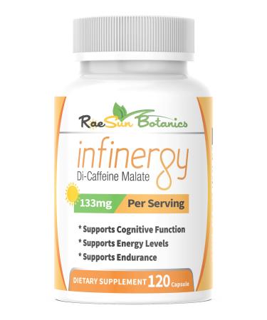 RaeSun Botanics Infinergy Di-Caffeine Malate 133mg Capsules 120ct for Energy Caffeine Pills Sustained Release Long Lasting Focus & Concentration No Crash Nootropic Brain Booster