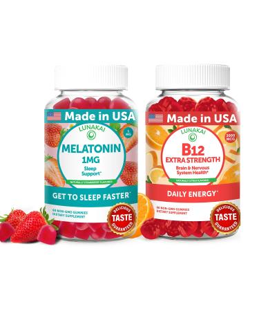 Lunakai USA Made Low Dose Melatonin & B12 Gummies Bundle Sleep Support & Daily Energy 60 Non-GMO Gummies Each