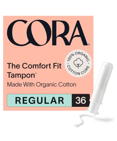 Cora Organic Applicator Tampons | Regular Absorbency | 100% Cotton Core, Unscented, BPA-Free Compact Applicator | Leak Protection, Easy Insertion, Non-Toxic