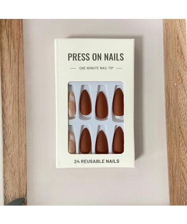 Medium Almond Press on Nails - Brown Matte with Gold Line Designs | 24PCS Full Cover Reusable Fake Nails for Women & Girls - Buy Online on GoSupps.com