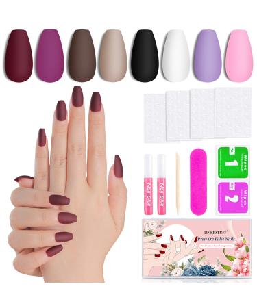 8 Solid Color Matte Short Coffin Press On Nails Pack #1, 192PCS Acrylic Medium Length Ballerina False Nail Art Tips Set for Women with Glue, Adhesive Tabs, File, Cuticle Stick and Prep Pads PACK 1: MS8S-1