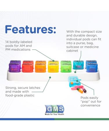 GMS Weekly Pill Organizer - 7 Day AM/PM Pill Pods for Supplements & Medications - Travel-Friendly Rainbow Design - Buy Online on GoSupps.com