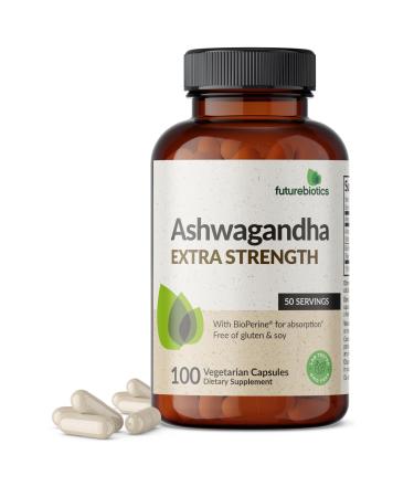 Futurebiotics Ashwagandha Extra Strength Stress & Mood Support with BioPerine - Non GMO Formula 100 Vegetarian Capsules 100 Count (Pack of 1)