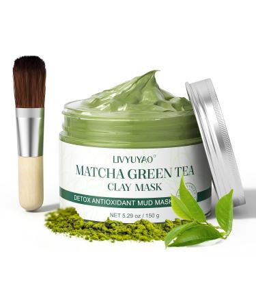 Green Tea Clay Facial Mask, LIVYUYAO Green Clay Mask with Volcanic Mud, Deep Washing Blackhead Remover Mud Mask, Purifying Facial Mask for Wrinkles, Blackheads, Pore, Acne (5.29oz)