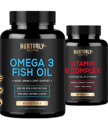 NURTURLY Vitamin B Complex and Omega 3 Fish Oil - B Vitamins B1 B2 B3 B5 B6 B7 B9 B12 and Biotin Fish Oil 2000mg 800mg EPA and 600mg DHA - Energy Immunity Joint Brain and Heart Health