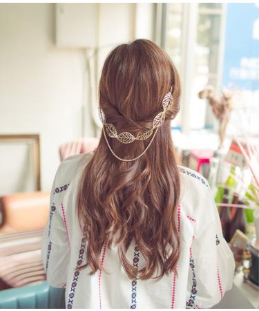 Yueton 2pcs Fashion Hollow Out Leaves Gold Chain Alligator Hair Clips - Bride Headwear Accessory - Buy Online on GoSupps.com
