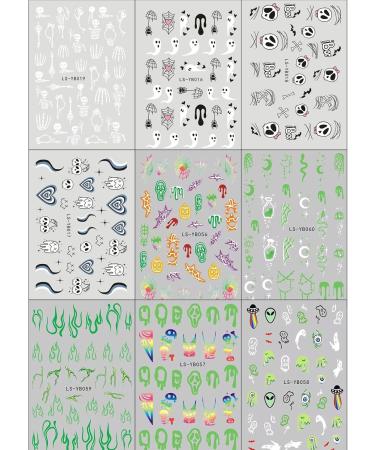 JMEOWIO 9 Sheets Halloween Glow in The Dark Nail Art Stickers Decals Self-Adhesive Lumious Skull Ghost Spider Web Bat Pumpkin Nail Supplies Nail Art Design Decoration Accessories - Buy Online on GoSupps.com