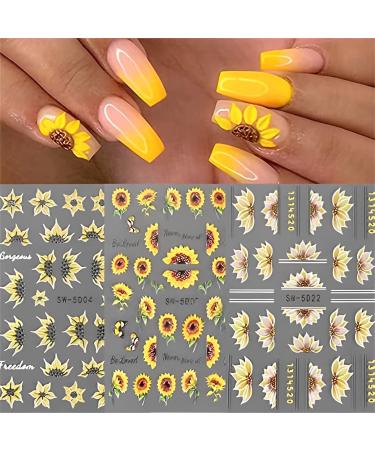 Fuldgaenr Nail Stickers 5D Flower Embossed Sunflower Summer Nail Art Self Adhesive Nail Stickers Design Acrylic Nail Art Women/Girls Decoration Flower Nail Stickers-1