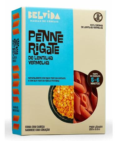 Belvida Pasta - Gluten Free and GMO free - Red Lentils Penne Rigate pasta - 3 x 250gr / 8.8oz