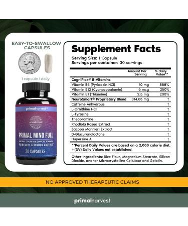 Primal Harvest Primal Mind Fuel Brain Supplement - 30 Capsules for Focus, Energy, Clarity, and Memory - Nootropic Brain Support for Men and Women - Buy Online on GoSupps.com