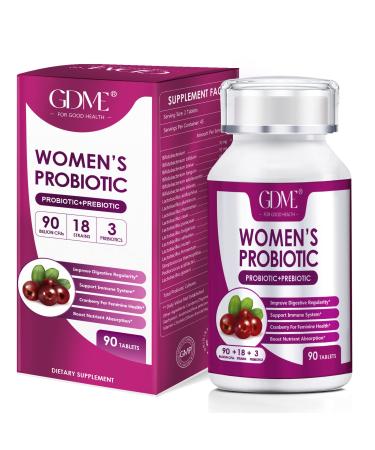 GDME Women's Probiotics, 90 Tablets 90 Billion CFU 18 Strains, Contains Organic Prebiotic Cranberry,Probiotic Supplement for Digestion, Immunity, Women's Health, Soy Gluten Dairy Free