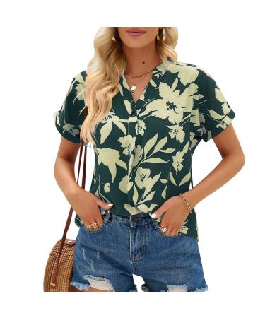 Loose Short Sleeve Shirt Polyester Comfortable SkinFriendly Vneck Women's Shirt for Dating Green X-Large