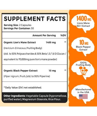 50X Strength Potency Brain Supplements for Memory and Focus - 1400mg Lions Mane Supplement Capsules | Natural Nootropics Brain Supplement for Cognitive Clarity Concentration & Energy - 60 Capsules 60 Count (Pack of 1) - Buy Online on GoSupps.com