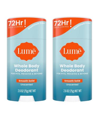 Lume Natural Solid Deodorant Stick - Whole Body Deodorant - Aluminum-Free, Baking Soda-Free, Hypoallergenic, Safe For Sensitive Skin - 2.6 Ounce Solid Stick, Two-Pack (Unscented)
