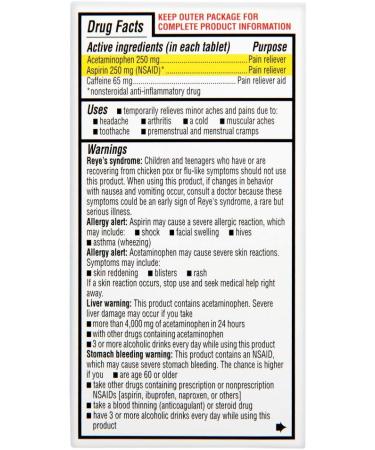 Rite Aid Extra Strength Pain Reliever 250mg Acetaminophen + 250mg Aspirin + 65mg Caffeine - 100 Tablets | NSAID Anti-Inflammatory | Migraine Relief - Buy Online on GoSupps.com
