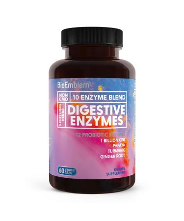 BioEmblem Digestive Enzymes - 10 Enzymes w/ 12 Strain 1 Billion CFU Probiotics for Nutrient Absorption & Digestive Support - Papaya Bromelain & Papain to Help Bloating & Gas - Non-GMO - 60 Capsules