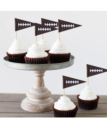 10Pcs Leather Football Cupcake Toppers - Football Themed Birthday Party Decorations Football Bunting Flag Cupcake Toppers Super Bowl Sports Themed Party Decor Boys Football Leather Cupcake Topper