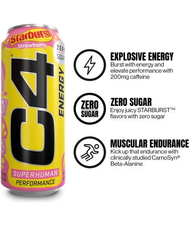 Cellucor C4 Energy Drink STARBURST Strawberry | Sugar Free Pre Workout Drink | Pack of 12 - 16 Fl Oz - Buy Online on GoSupps.com