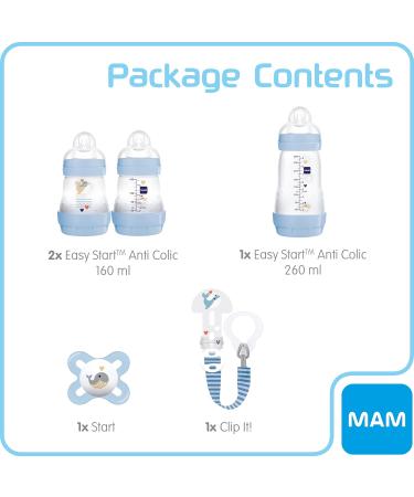 MAM Newborn Bottle Set with Soother & Clip - Blue | 0-2 Months Baby Gift - Buy Online on GoSupps.com