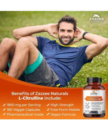 Zazzee High Strength L-Citrulline Malate 1800 mg - 180 Vegan Capsules | High Absorption Non-GMO 60 Day Supply - Buy Online on GoSupps.com