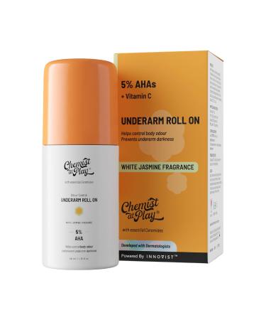 UnderArm Roll-On with 5% AHA Lactic Acid & 1% Mandelic Acid | Prevents Body Odour Brightens Skin & Exfoliates Underarm | For Sensitive Skin |White Jasmine Fragrance|Alcohol Free-40ml 1.4 Fl Oz (Pack of 1) Jasmine