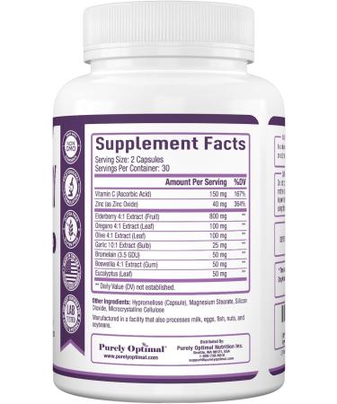 Purely Optimal Elderberry Capsules - Premium Quality Sambucus Nigra Extract Supplement - Naturally Sourced Immune Function Support - Non-GMO Gluten Free Vegan Friendly - 60 Capsules 60 Count (Pack of 1) - Buy Online on GoSupps.com