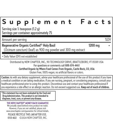 New Chapter Organic Holy Basil Booster Powder - Stress Relief Cognitive Function Memory Immune Support Supplement - Regenerative Organic Certified Tulsi 75 Servings - Buy Online on GoSupps.com