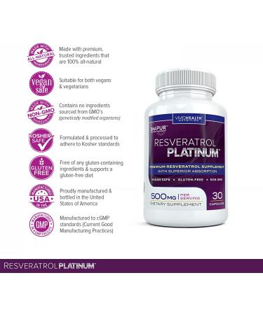 Resveratrol Platinum Antioxidants Supplement: Powerful Anti Aging Formula with Pure Natural Trans Resveratrol for Immune Support Vitality and Brain Health 30 Gluten Free Veggie Capsules - Buy Online on GoSupps.com