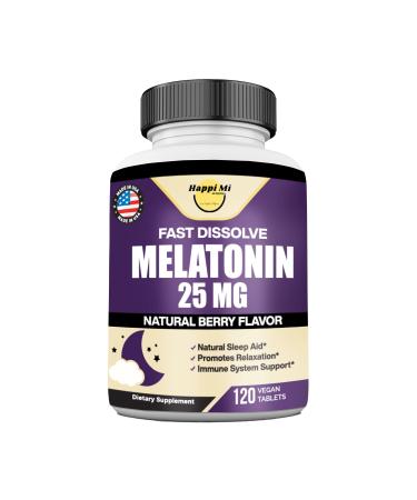 Happi Mi Nutrition Melatonin 25mg Extra Strength with L-Theanine & Vitamin B-6 Fast Dissolve Tablets Sleep Support Relaxation Restful Sleep Drug Free Natural Berry Flavor 120 Chewable Tablets