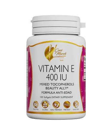 Coco March Natural Vitamin E 400 IU -Mixed Tocopherols Beauty Ally 3 Month Supply - Gluten Free Paleo Friendly Dairy Free Keto Friendly GMO Free 100 Softgels