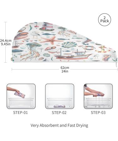 Marine Pattern Dry Hair Cap Set | 2-Piece Quick Drying Towel & Button Headband | Super Absorbent & Soft Comfort - Buy Online on GoSupps.com