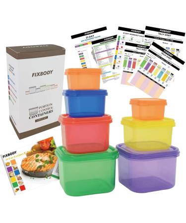 FIXBODY 7PCS Portion Control Containers, Color-Coded Labeled, 21 Day Lose Weight System (Use Guide, 21 Day Tracker and Recipe Ebook Include) 7 PCS