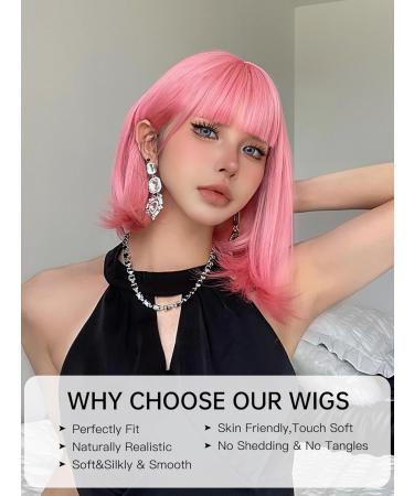 Short Pink Bob Wig with Air Bangs | Shoulder Length Soft Hair Wig for Women | Perfect for Halloween Cosplay and Parties - Buy Online on GoSupps.com