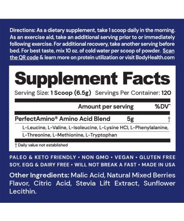 BodyHealth PerfectAmino XP Mixed Berry (120 Servings) Best Pre/Post Workout Recovery Drink  8 Essential Amino Acids Energy Supplement with 50% BCAAs  100% Organic  99% Utilization - Buy Online on GoSupps.com