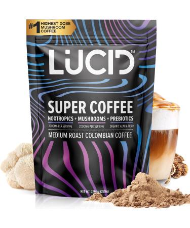 Lucid Superfood Organic Mushroom Coffee with Nootropics - Lion's Mane Tremella Cordyceps & Turkey Tail - Instant Mushroom Coffee Focus Brain Health - Alpha GPC L-Theanine Ginko Biloba - USA Made Coffee 7.94 Ounce (Pack