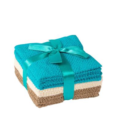 Living Fashions Washcloths Set of 8 - Popcorn Weave Wash Cloth Designed to Exfoliate Your Hands Body or Face - Absorbent 100% Ring Spun Cotton - Size 12 X 12 - Colors Teal Cream & Taupe