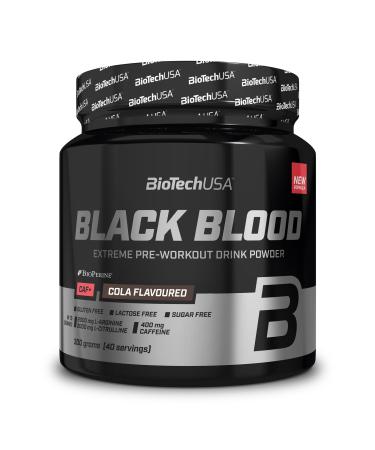 Biotechusa Black Blood Caf+ Preawobout Beverage powder with 12 active ingredients and 200mg caffeine per portion- sugar lactose and gluten-free 300 g cola_