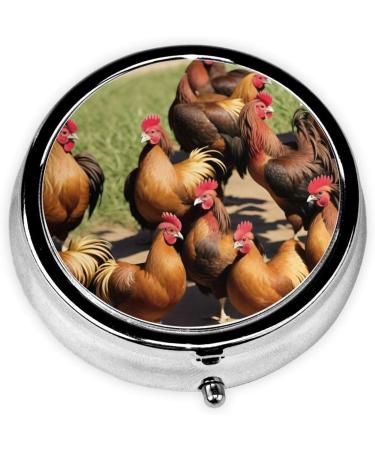 Farm Rooster Pattern Mini Round Pill Box | 3 Compartment Travel Pill Organizer | Portable Case for Home & Office - Buy Online on GoSupps.com