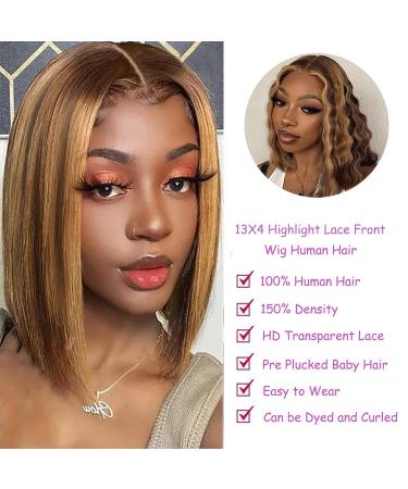 Adyutrlia 4/27 Ombre Short Bob Wig 13x4 Lace Frontal Human Hair 150% Density - Pre Plucked Straight Bob Wig for Black Women (8 Inch) - Buy Online on GoSupps.com