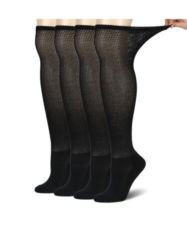 4 Pack Diabetic Bamboo Socks Non-Binding Top Seamless Toe Lymphedema Over The Knee Loose Fitting Cushioned Sole black9-11 4black 9-11