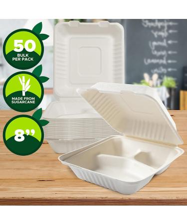 PAMI Sugarcane 3 Compartment Clamshell Containers 50 Pack- Eco-Friendly Biodegradable Food Boxes- Compostable To-Go Containers - Buy Online on GoSupps.com