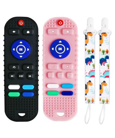 2 Pack Silicone Baby Teething Toys Remote Control Shape Teething Toys for Babies 6-12 Months BPA Free Baby Teethers Baby Chew Toys Baby Sensory Toys for Toddlers Boys Girls (Black + Pink)