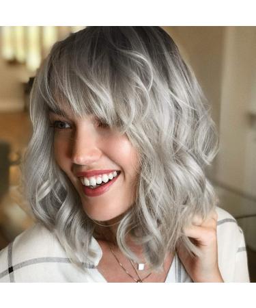 Parxitn short bob wig with pony natural ombr -silver wig synthetic hair colorful daily party halloween cosplay wavy curly wigs for women s1 ombr silver - Buy Online on GoSupps.com